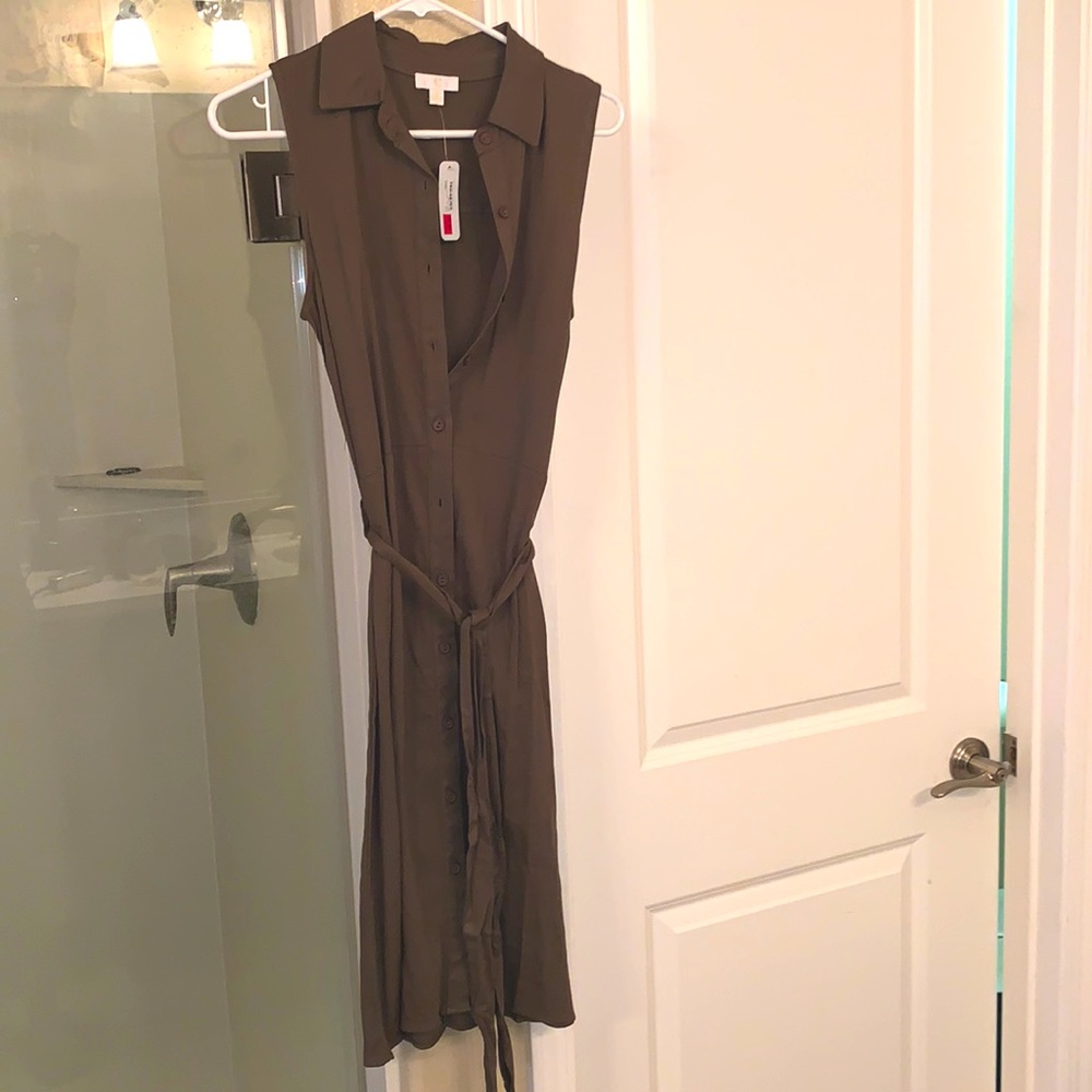 Olive green sleeveless button up A-line dress